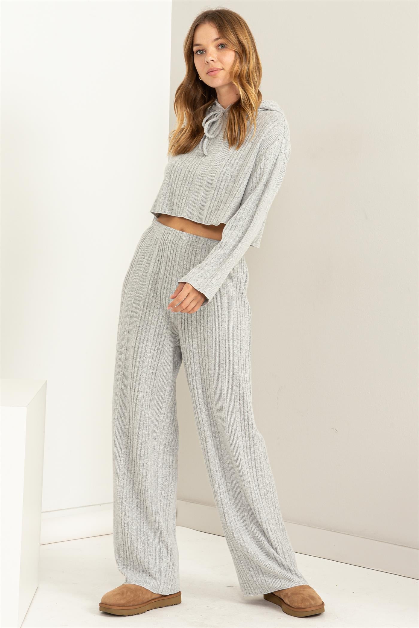 So Dreamy Ribbed Knit Hoodie and Pants Two-Piece Set